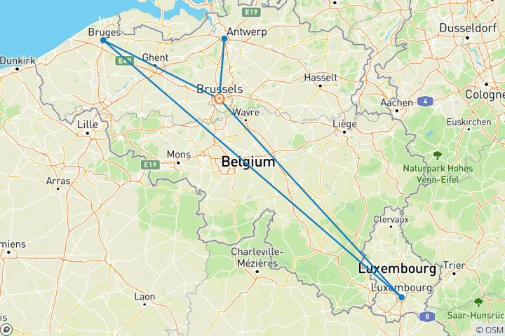 Mapa de 6 días de encanto belga: Brujas, Gante, Amberes, Dinant y Luxemburgo