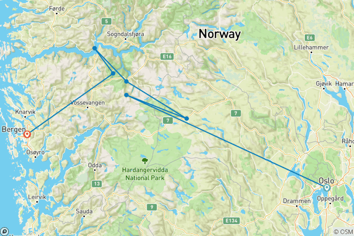 Karte von Von Oslo nach Bergen über die Fjordregion: Nachhaltig durch Norwegen (8 Tage)