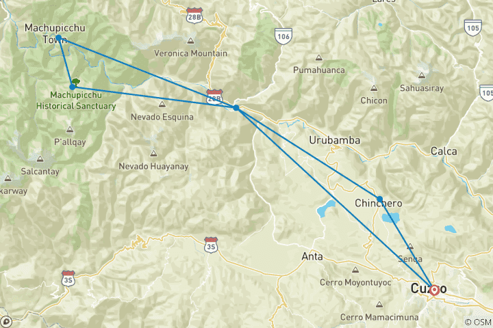 Carte du circuit Aventure de dernière minute au Pérou – Machu Picchu, la réserve de papillons, la Montagne arc-en-ciel en quad et Cusco – 7 jours