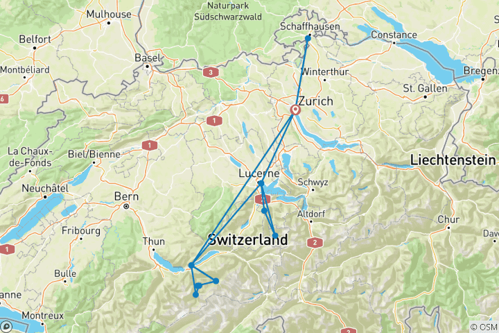 Mapa de Aventuras en Suiza en 9 días: el monte Titlis, Harder Kulm y mucho más (con estancias de 3 noches en Interlaken, 2 noches en Lucerna y 3 noches en Zúrich)