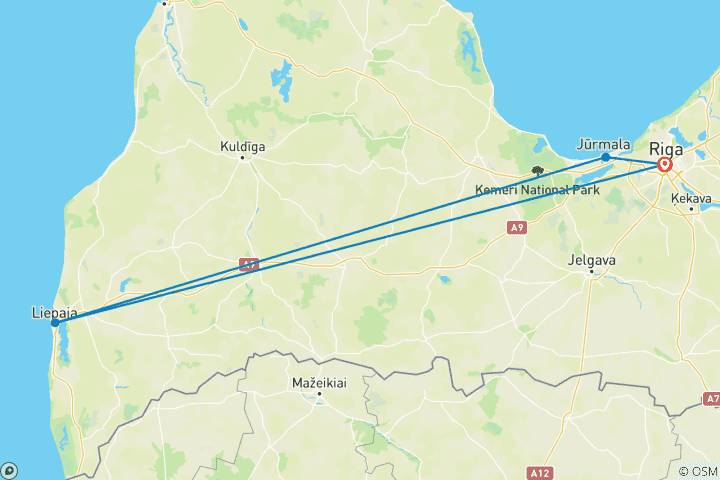 Karte von Elektroauto - Reise durch Lettland: Riga, Kurland und die Küste