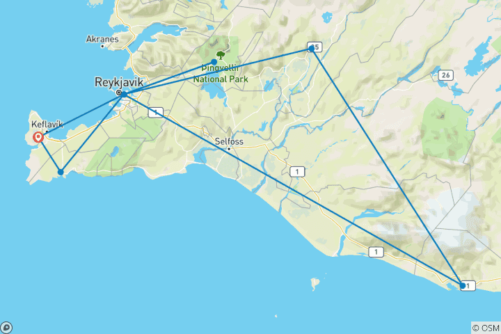 Kaart van 8-daags avontuur in IJsland: snorkelen, gletsjers, ijsgrotten en walvissen spotten