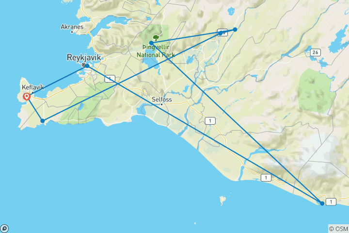Kaart van 5 dagen in IJsland – De wonderen van de Golden Circle, avonturen aan de zuidkust en de lavalandschappen van Reykjanesbær