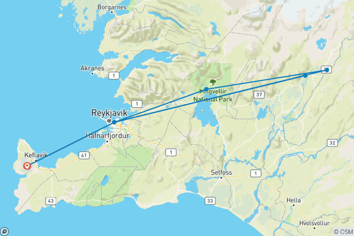 Mapa de 5 días en Islandia: cuevas de lava, avistamiento de ballenas y aventura en moto de nieve por el glaciar