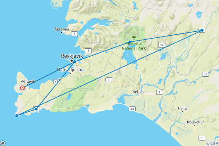 Kaart van 9 dagen op ontdekkingstocht door IJsland – Culinaire wandeling door Reykjavík, lavatunnels en de Golden Circle