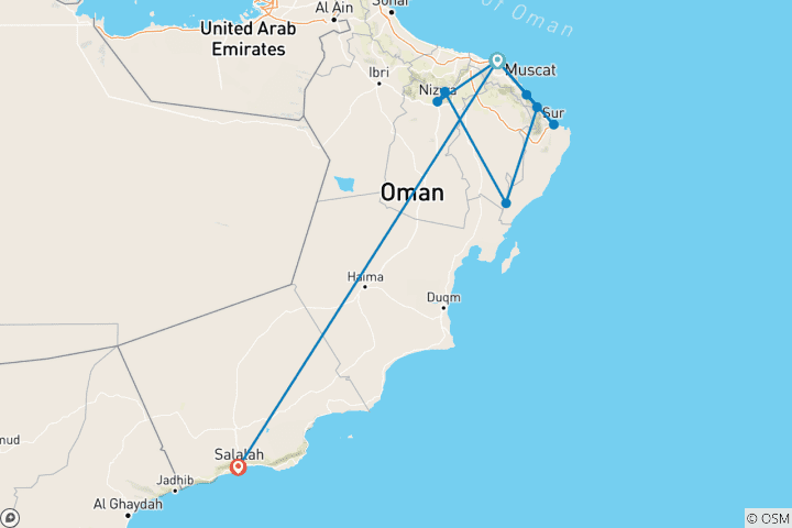 Carte du circuit Itinéraire à Oman : circuit complet de 7 jours à Mascate, Nizwa, Wadi Shab, dans le désert de Wahiba et à Salalah
