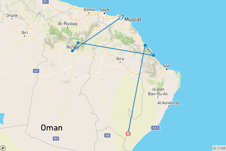 Carte du circuit Itinéraire à Oman : les meilleures attractions à Mascate, Nizwa, Wadi Shab et une aventure de 3 jours dans les sables de Wahiba