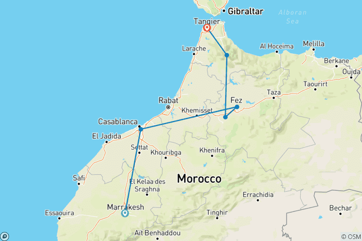 Karte von 3-tägige private Tour von Marrakesch nach Tanger über Casablanca, Fès und Chefchaouen