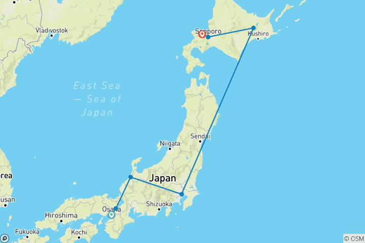 Kaart van Japan Winteravontuur (2027-28) (van Osaka naar Otaru)