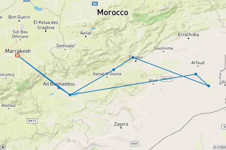 Karte von 4 Tage Wüsten von Marrakesch nach Merzouga