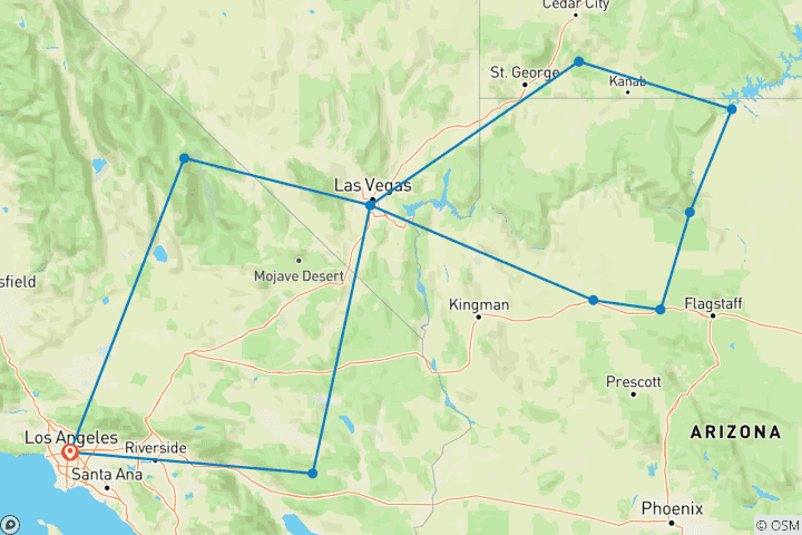 Mapa de Tour de 4 días por Los Ángeles: Gran Cañón, Cañón del Antílope, Zion, Valle de la Muerte y Joshua Tree