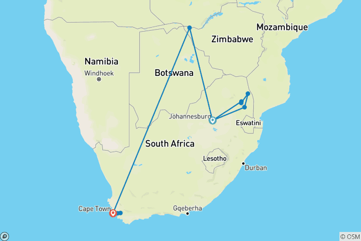 Map of South Africa & Victoria Falls Explorer - 14 Days 13 Nights