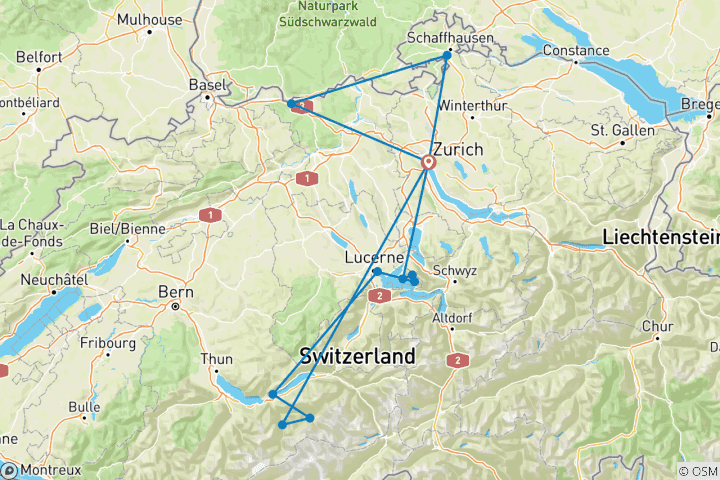 Karte von 7 Tage Zürich inklusive Seefähre, Seilbahn, Rigi, Grindelwald und Interlaken, Rheinfall und Sten am Rhein