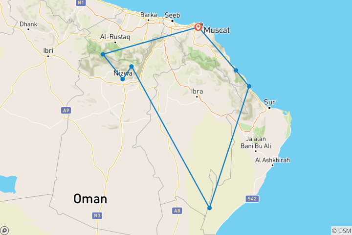 Carte du circuit Oman en 7 jours : des sommets aux nuits du désert