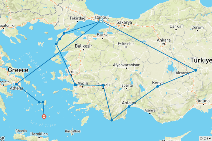 Map of Premium Turkey & The Cyclades Islands in Depth (18 destinations)