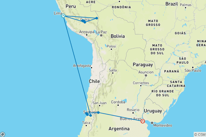 Carte du circuit Premium Pérou, Chili et Argentine (20 destinations)