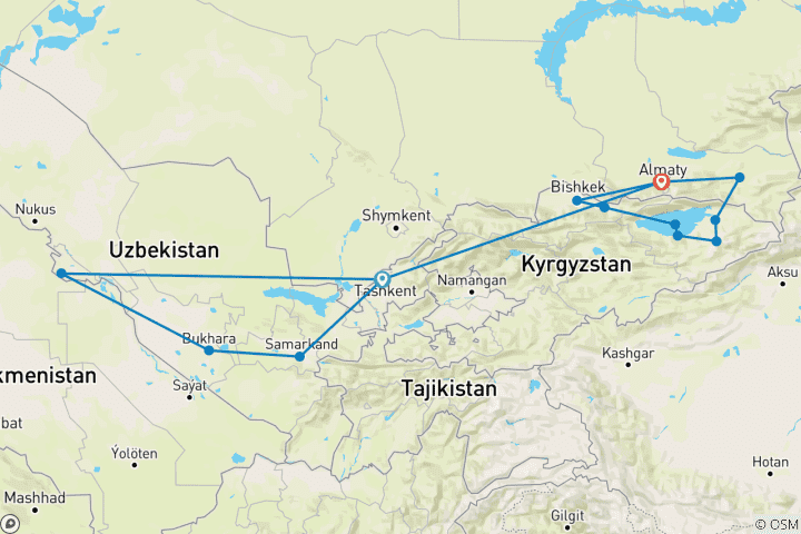 Carte du circuit Premium Asie centrale (14 destinations)
