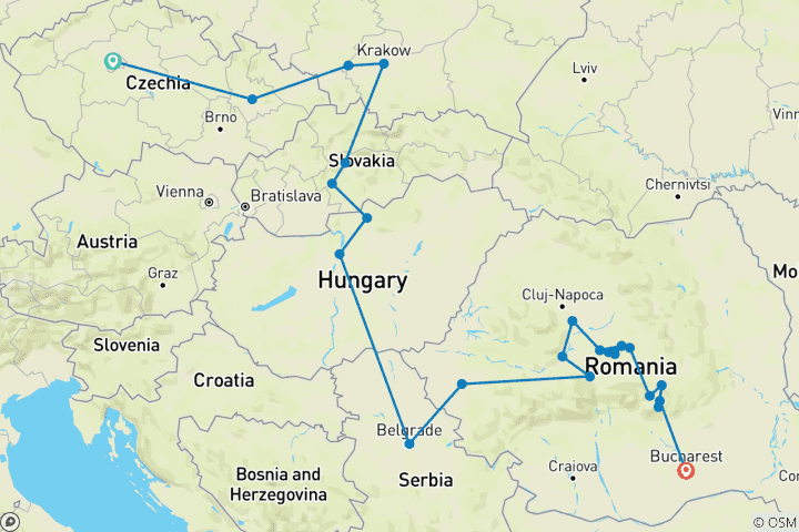 Map of Premium Prague to Bucharest (25 destinations)
