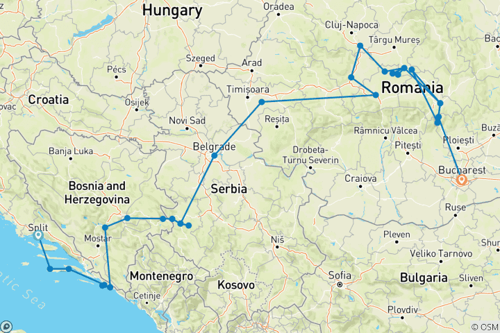 Carte du circuit Premium Balkans en profondeur (35 destinations)