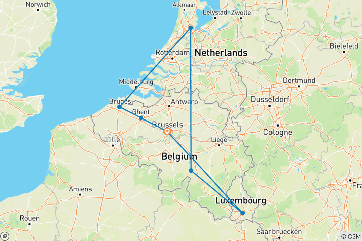 Karte von 7 Tage voller europäischer Sehenswürdigkeiten: Brüssel, Brügge, Gent, Amsterdam und Luxemburg