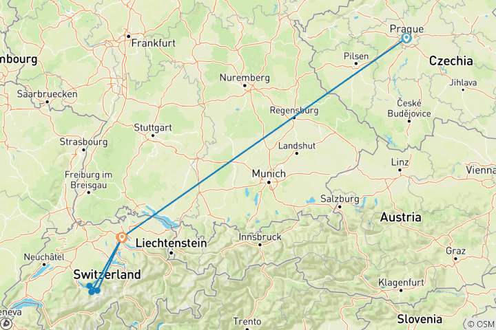 Mapa de 7 días de Praga a los Alpes suizos: un viaje por los paisajes más bonitos de Europa