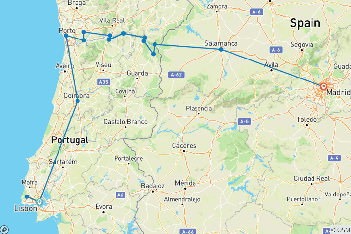 Mapa de Las maravillas del Duero con Lisboa y Madrid: Lisboa → Madrid (2028)