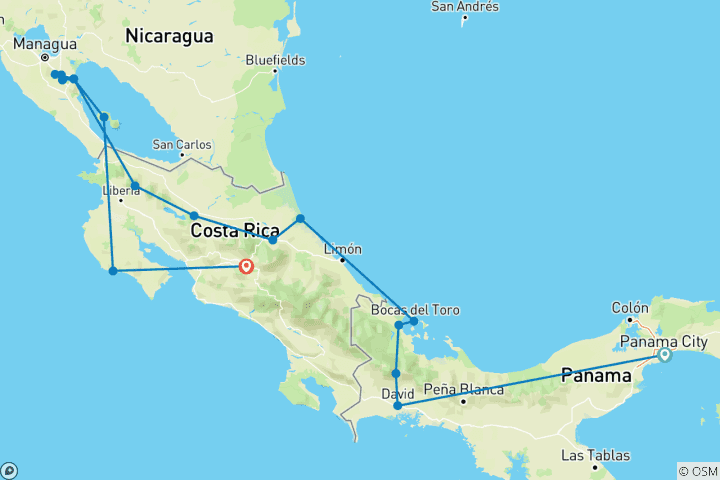 Kaart van Panama, Costa Rica & Nicaragua: hoogtepunten