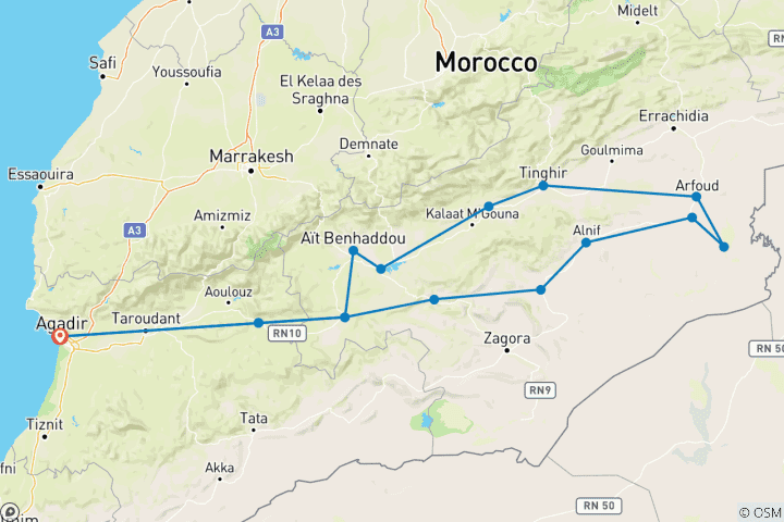 Kaart van 4-daagse tour vanuit Agadir: Sahara-woestijn | Blue Turbans Adventures