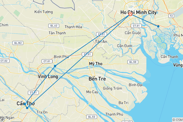Map of Vietnam Southern Serenity 5 Days – Discover City Charm, River Life & Floating Market Culture