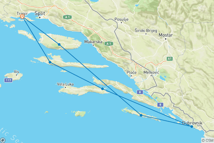 Carte du circuit Croisière aller-retour Split/Trogir avec escale à Dubrovnik K145 - MS Princess Aloha 2026