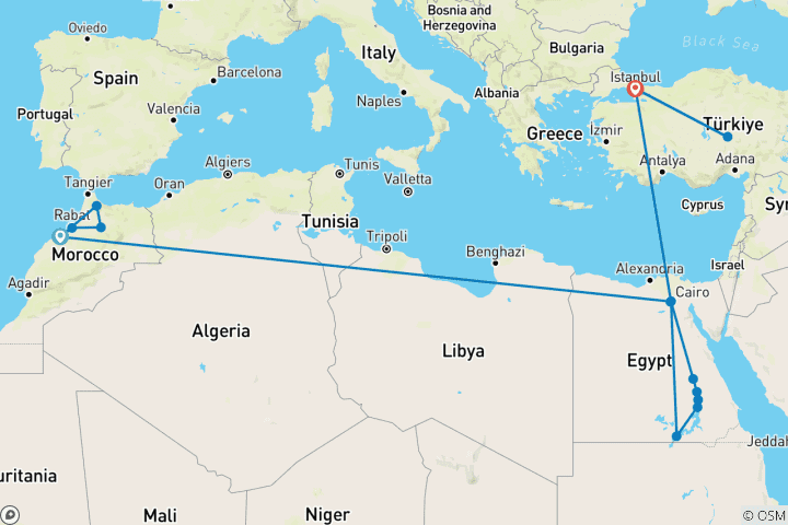 Carte du circuit Empires et enchantements (Maroc – Égypte – Turquie) : royaumes, pharaons et sultans / vols internationaux inclus