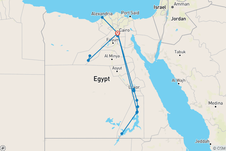 Kaart van Compleet rondreis door Egypte: 11 dagen (Caïro, GEM, piramides, Alexandrië, de Witte Woestijn en een 5-sterren Nijlcruise)