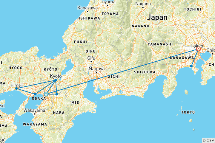 Mapa de La aventura en el corazón de Japón, de Osaka a Tokio