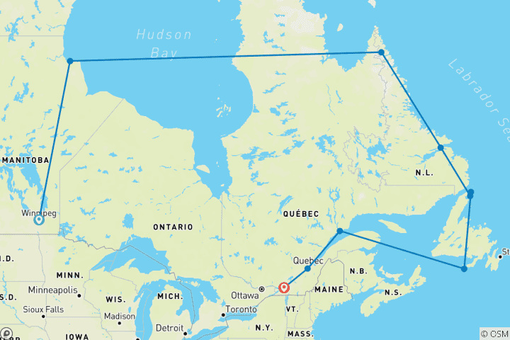 Map of Churchill's Polar Bears & the Canadian Arctic to Montreal - Cruise & Land Journey