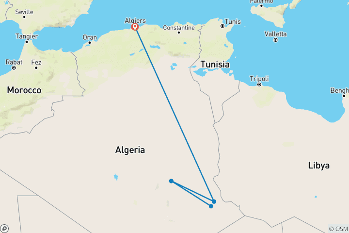 Carte du circuit Circuit sur mesure de 9 jours en Algérie : une aventure approfondie dans le désert du Sahara, en privé