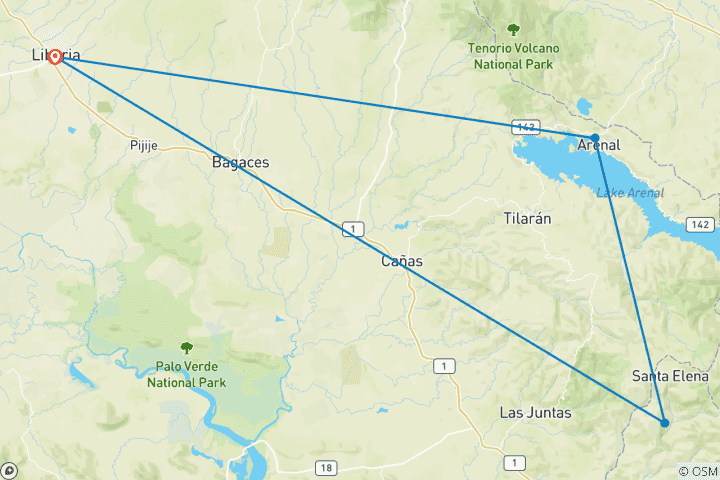 Carte du circuit Deux lieux emblématiques du Costa Rica : Arenal et Monteverde – Une aventure en famille