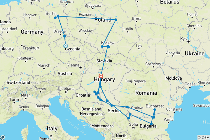Map of Eastern Europe with Best of the Balkans Prague → Budapest (2028)