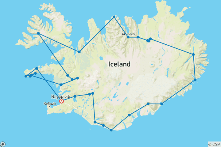Carte du circuit 7 jours - Le tour complet de l'Islande - Forfait aventure