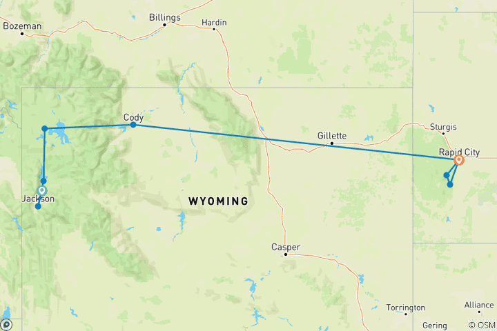 Carte du circuit Aventure familiale dans le pays des cow-boys | Séjour familial de luxe de 8 jours dans le Wyoming et le Dakota du Sud