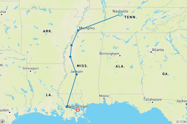 Map of Music Legends of the American South | 9-Day Luxury Tour from Nashville to New Orleans