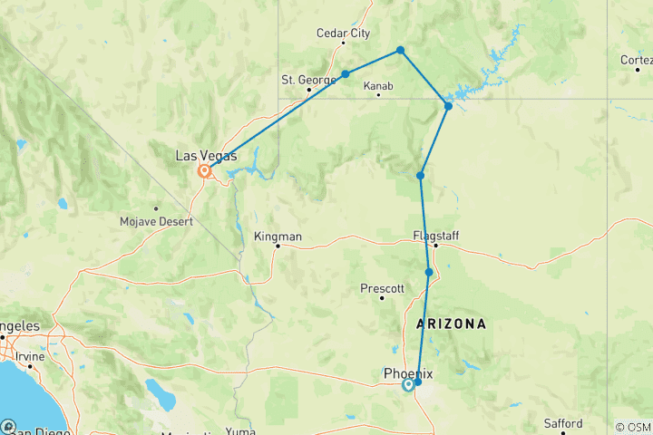 Carte du circuit Circuit d'aventure en famille dans le sud-ouest – Séjour en famille de 8 jours au Grand Canyon, à Zion et à Bryce Canyon
