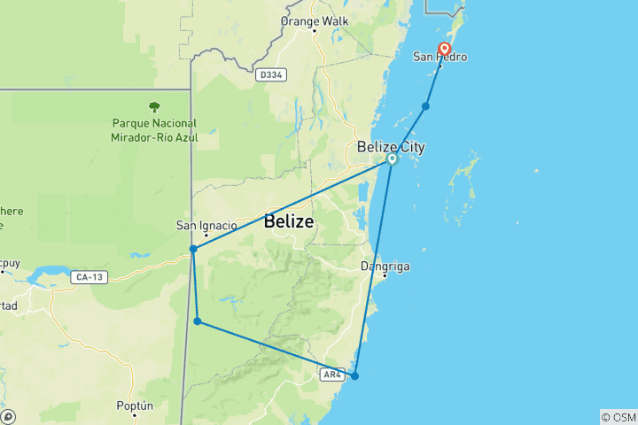 Kaart van 8-daagse rondreis langs de bezienswaardigheden van Belize
