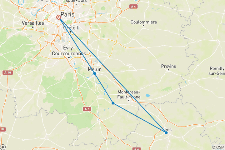 Carte du circuit Revisitez le passé de la France, ses sites royaux et ses villes médiévales au cours d'une croisière historique sur la Petite Seine (croisière de port à port).