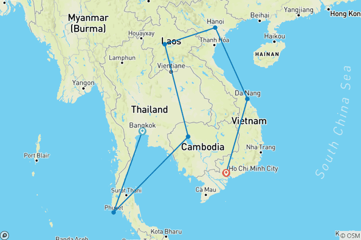 Map of 24 Day In-Depth Southeast Asia Private Family Tour (4 countries & 4 star hotels)