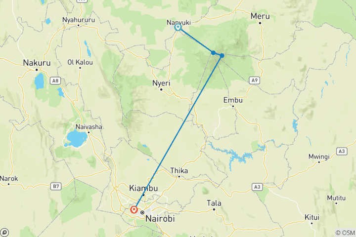 Mapa de 5 días de senderismo por el Monte Kenia: subida por Sirimon y bajada por Sirimon