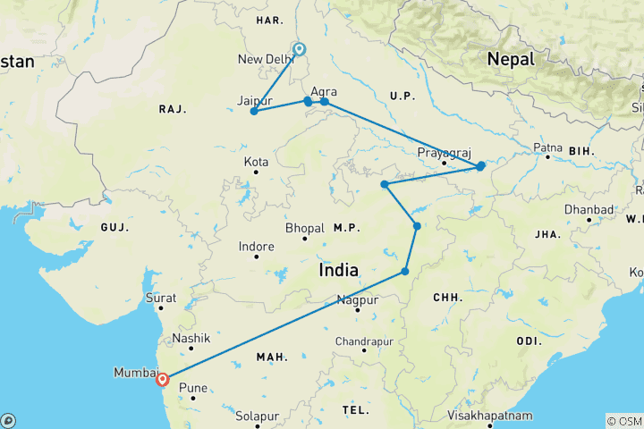 Karte von Indien: Panorama: Rajasthan, Tigersafaris & Mumbai