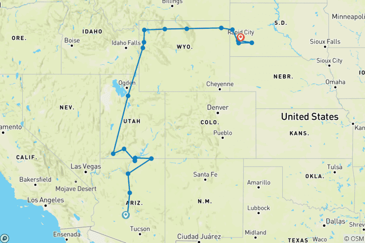 Carte du circuit Les magnifiques parcs nationaux américains (Circuit classique, au départ de Rapid City, frais d'entrée dans les parcs nationaux américains pour les non-résidents)