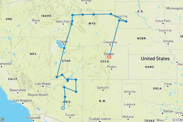 Carte du circuit Les magnifiques parcs nationaux américains (circuit classique, départ de Denver, frais d'entrée dans les parcs nationaux américains pour les non-résidents)