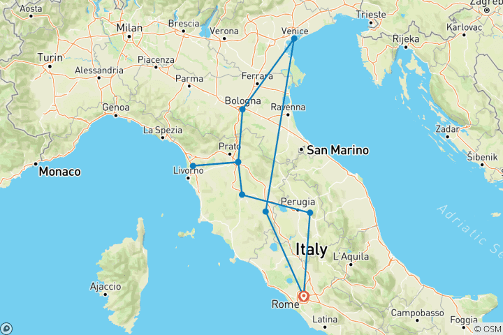 Carte du circuit L'essentiel de l'Italie en 5 jours : Assise, Sienne, Florence, Venise et la région viticole de Toscane