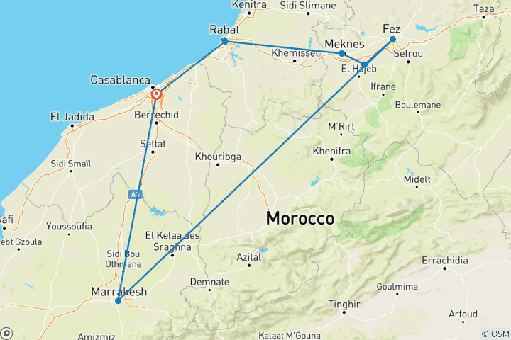 Mapa de Tour privado de 8 días por las ciudades imperiales de Marruecos desde Casablanca